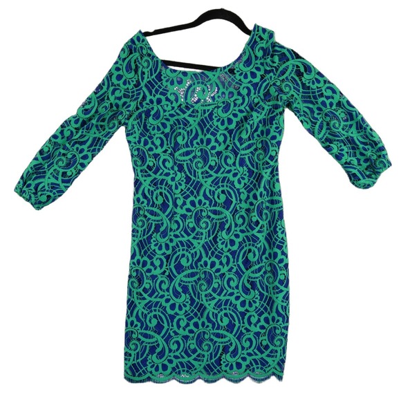 Lilly Pulitzer Women's Size 6 Green Blue Floral Lace Sheath Dress 3/4 Sleeve - Picture 2 of 8